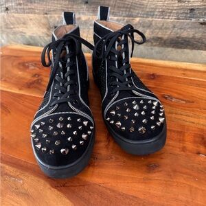 Barabas Men's Shin Splints Spiked Rhinestone High-Top Sneakers Black Red Sole 10